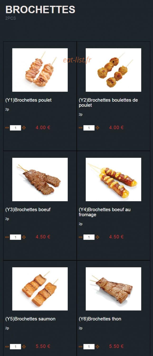 Carte et menu de Sushi Montfort à Montfort l'Amaury — Les brochettes