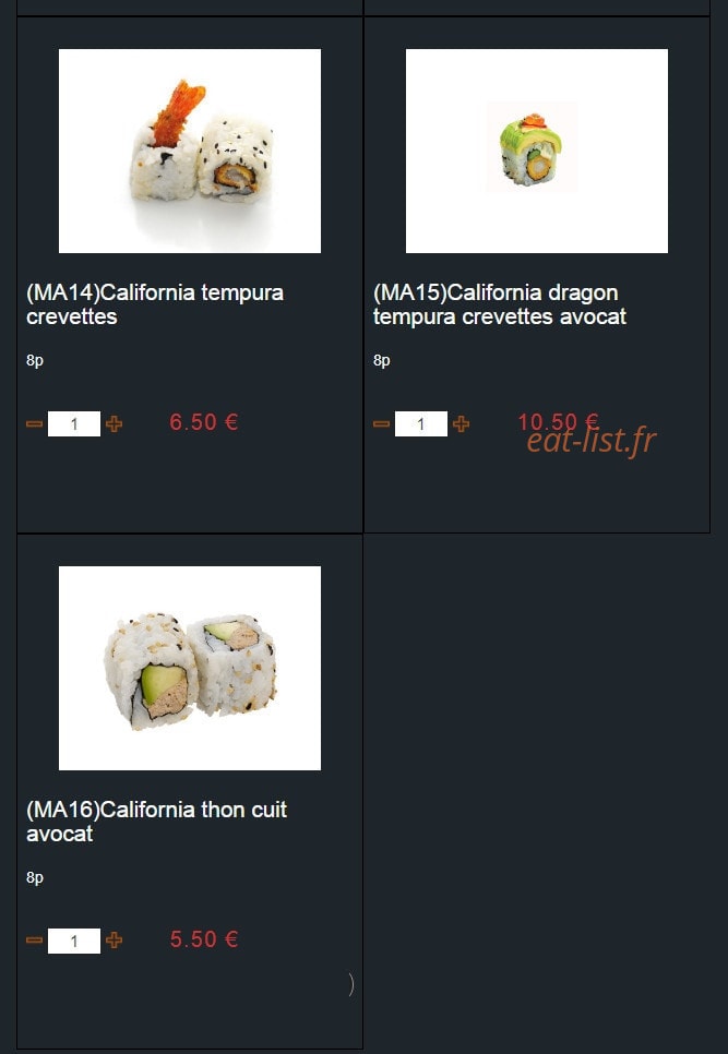Carte et menu de Sushi Montfort à Montfort l'Amaury — Les california maki suite