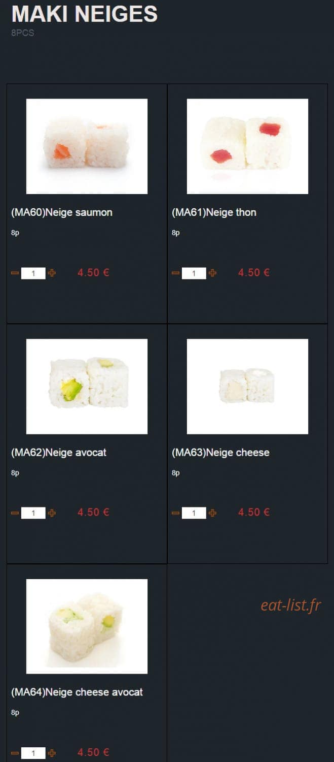 Carte et menu de Sushi Montfort à Montfort l'Amaury — Les maki neiges