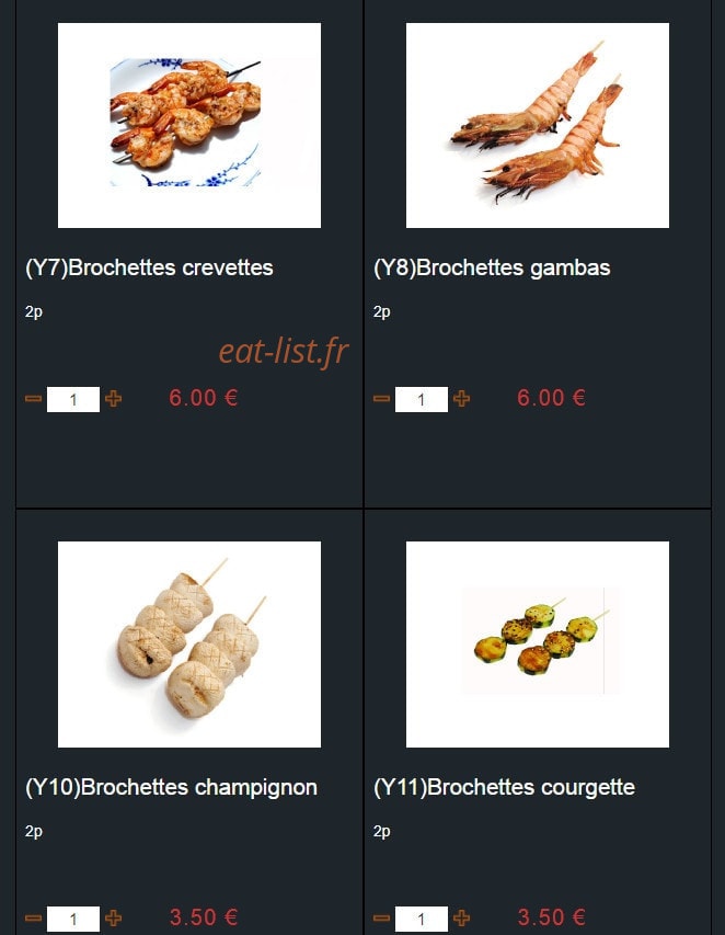 Carte et menu de Sushi Montfort à Montfort l'Amaury — Les brochettes suite