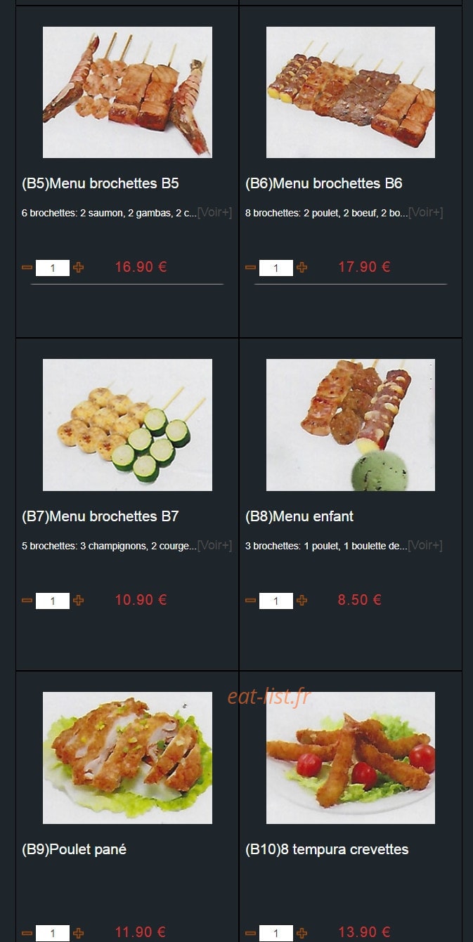 Carte et menu de Sushi Montfort à Montfort l'Amaury — Menus brochettes suite