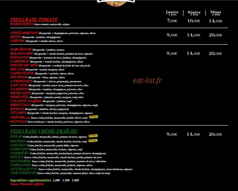 One to one pizza — carte page 1