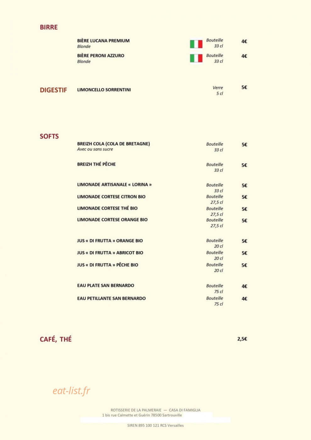Carte et menu de Rôtisserie de la Palmeraie à Sartrouville — Les bières, softs, ...