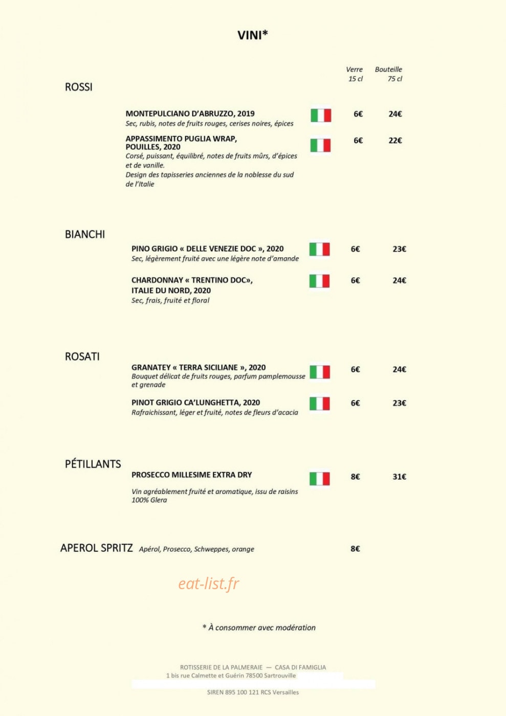 Carte et menu de Rôtisserie de la Palmeraie à Sartrouville — Les vins