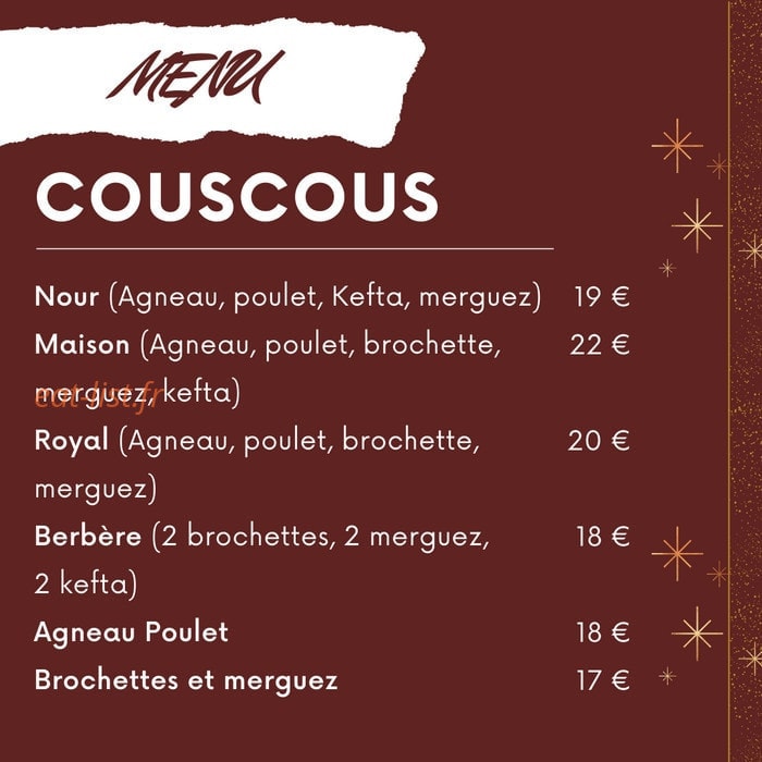 Carte et menu de Nour Djurjura à Triel sur Seine — Les couscous