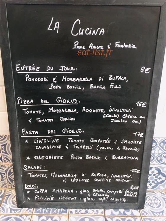 Carte et menu de La Cucina Pane Amore & Fantasia à Andresy — Exemple de menu
