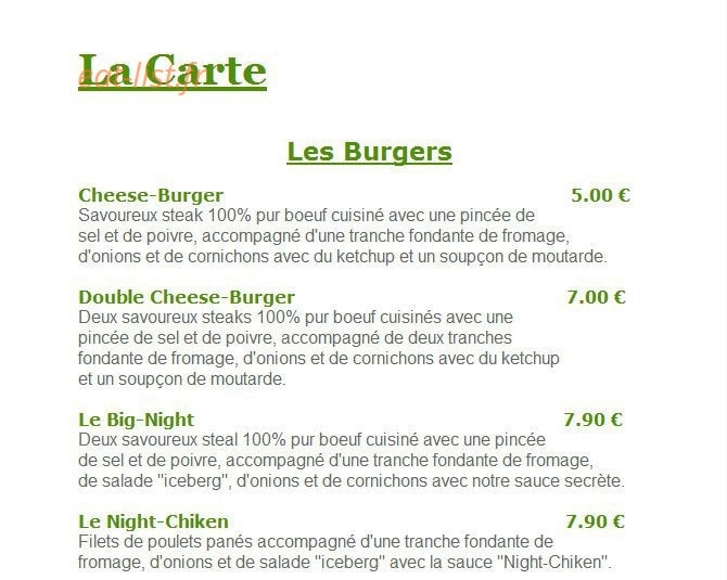 Burger Night — carte page 1