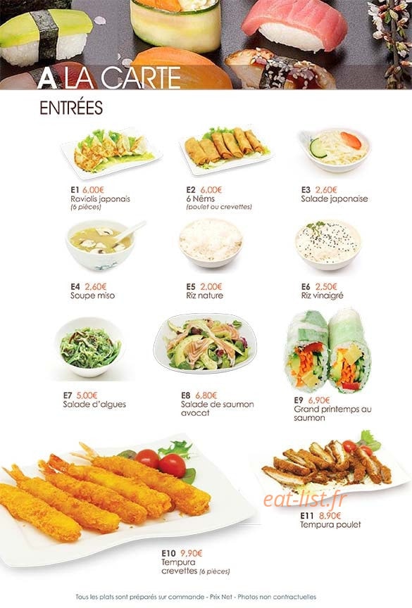 Carte et menu de Le Paradis du Sushi à Villennes sur Seine — Les entrées