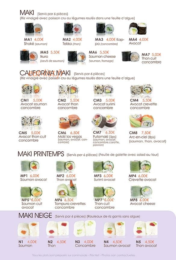 Carte et menu de Le Paradis du Sushi à Villennes sur Seine — Maki, california et maki printemps,..