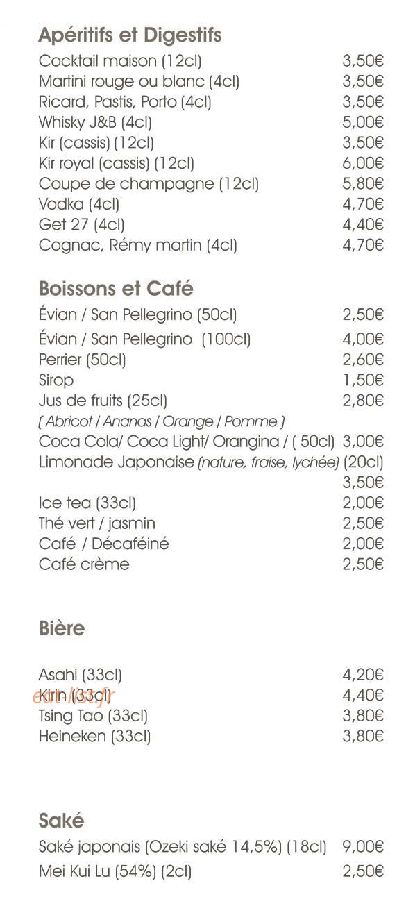 Carte et menu de Le Paradis du Sushi à Villennes sur Seine — Les apéritifs, boissons et bières,...