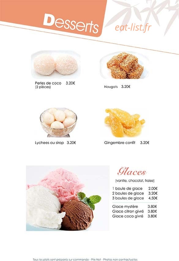 Carte et menu de Le Paradis du Sushi à Villennes sur Seine — Les desserts et glaces