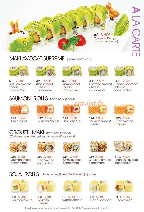 Carte et menu de Le Paradis du Sushi à Villennes sur Seine — Maki avocat, saumon rolls et soja rolls