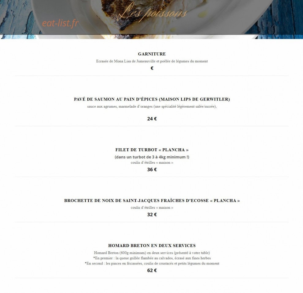 Carte et menu de Les Jardins de Villennes à Villennes sur Seine — Poissons
