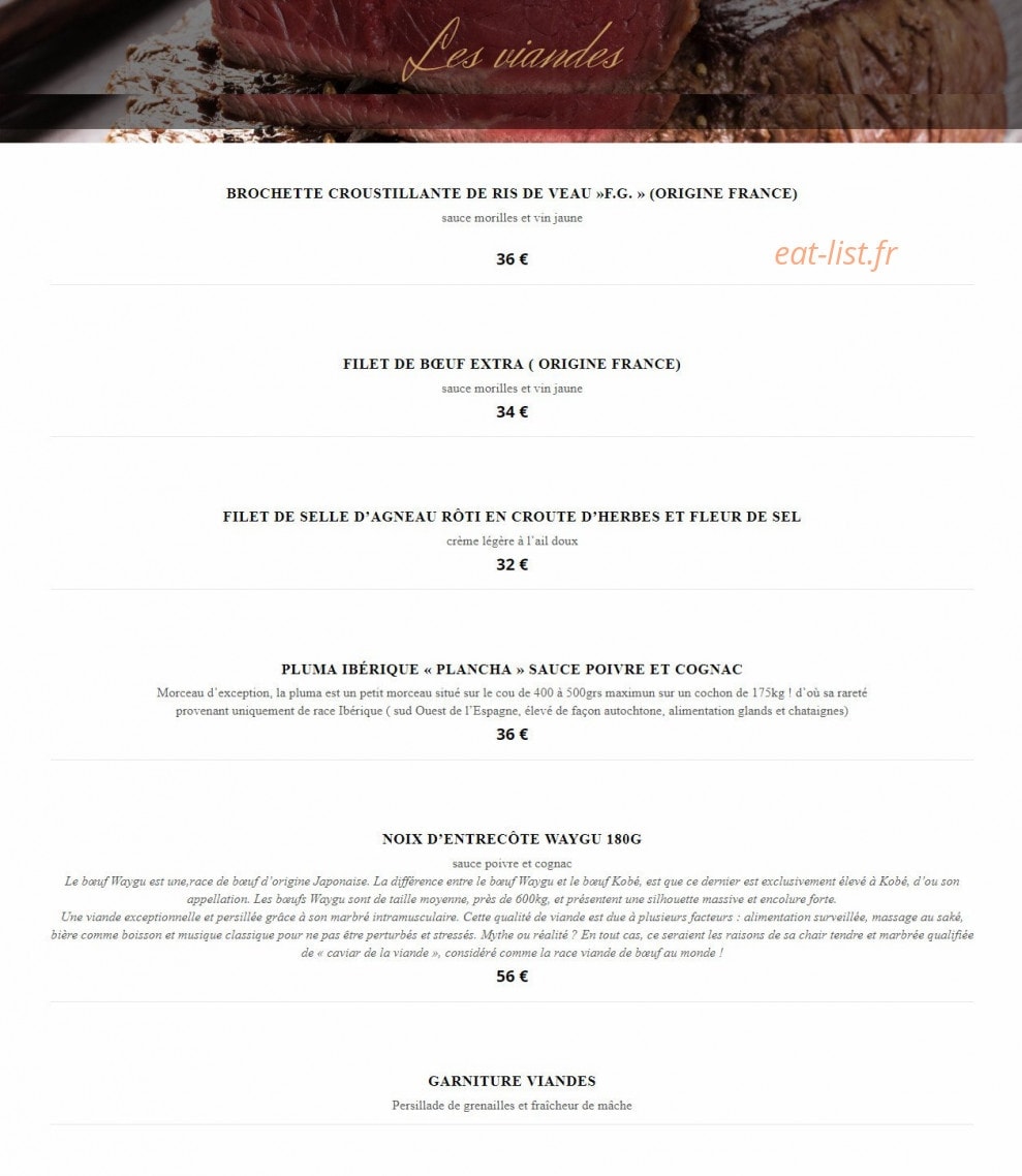 Carte et menu de Les Jardins de Villennes à Villennes sur Seine — Viandes