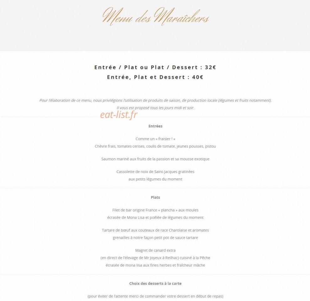 Carte et menu de Les Jardins de Villennes à Villennes sur Seine — Menu des maraîchers