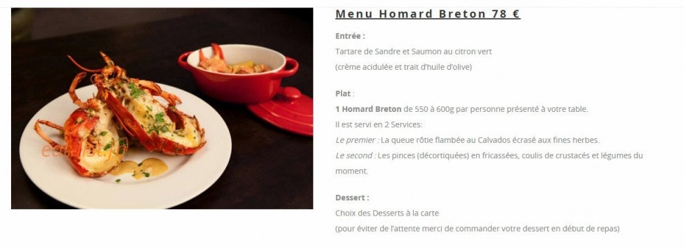 Carte et menu de Les Jardins de Villennes à Villennes sur Seine — Menu homard breton