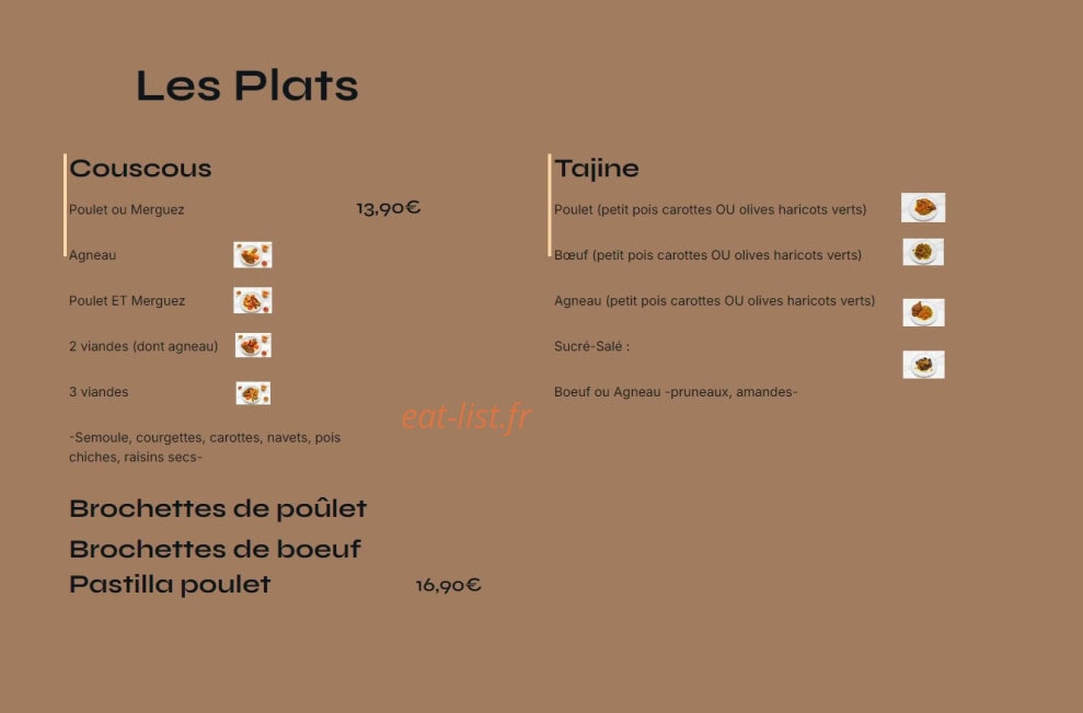 Carte et menu de Les 1001 saveurs de l'orient à Conflans Sainte Honorine — Les plats