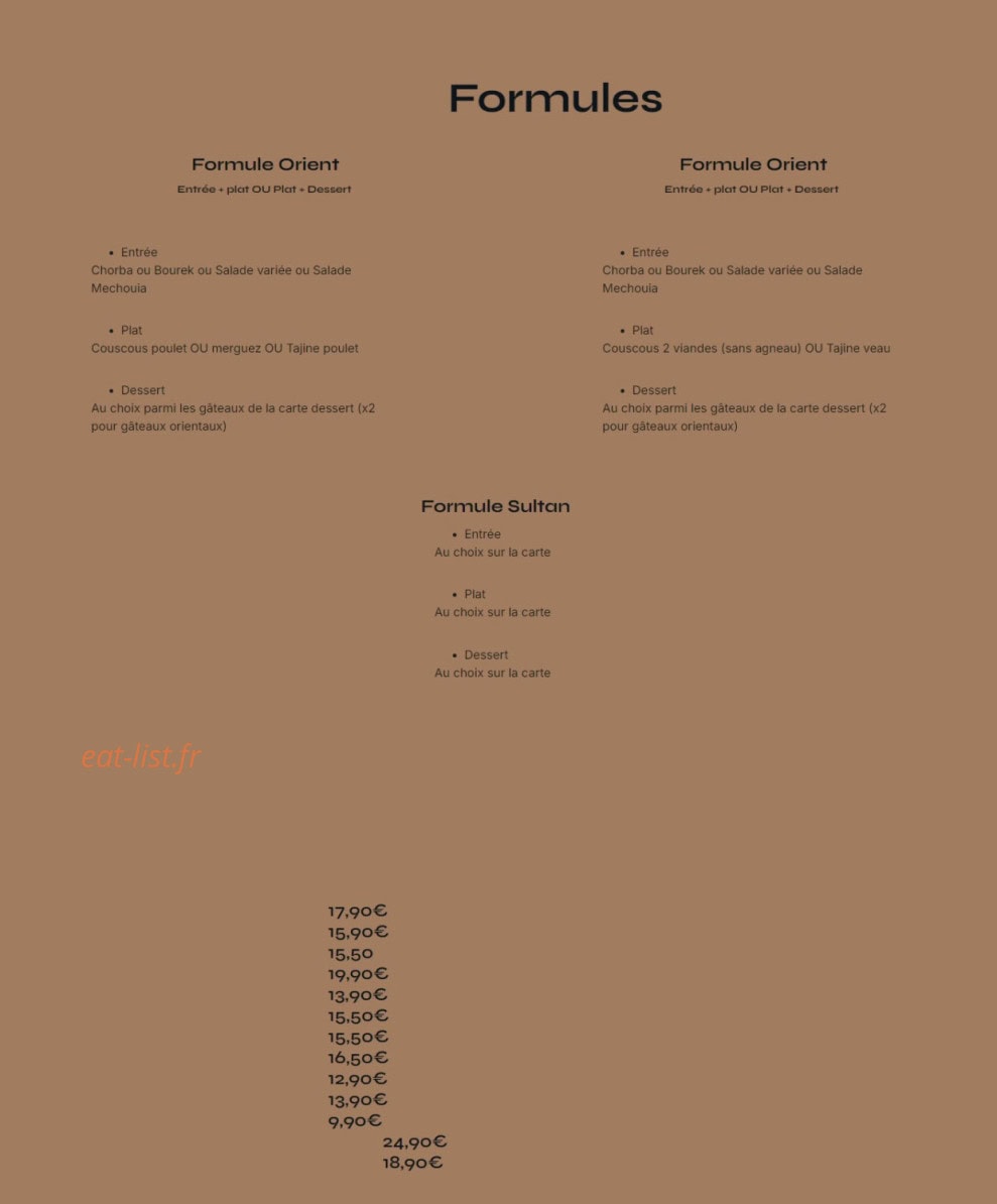 Carte et menu de Les 1001 saveurs de l'orient à Conflans Sainte Honorine — Les formules