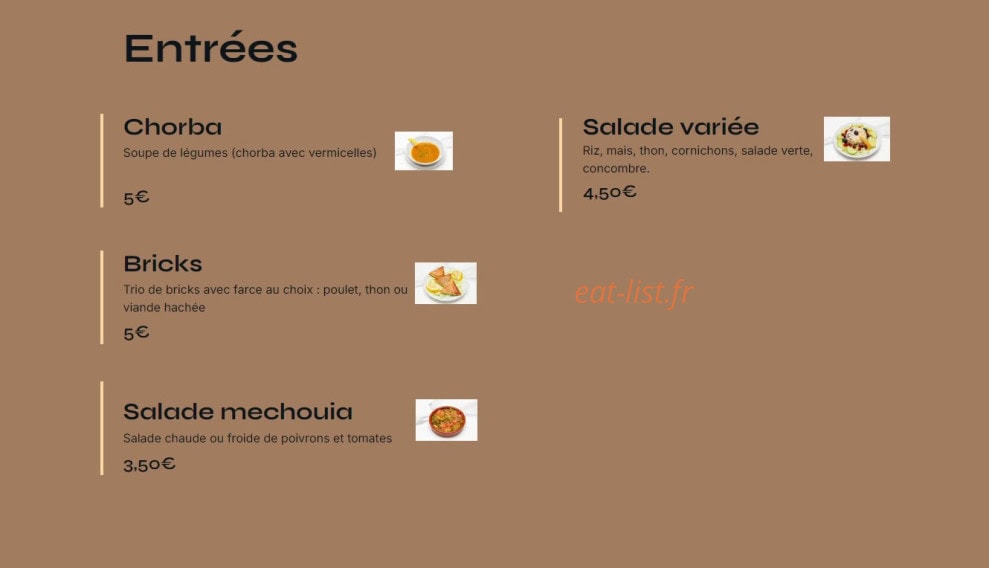 Carte et menu de Les 1001 saveurs de l'orient à Conflans Sainte Honorine — Les entrées