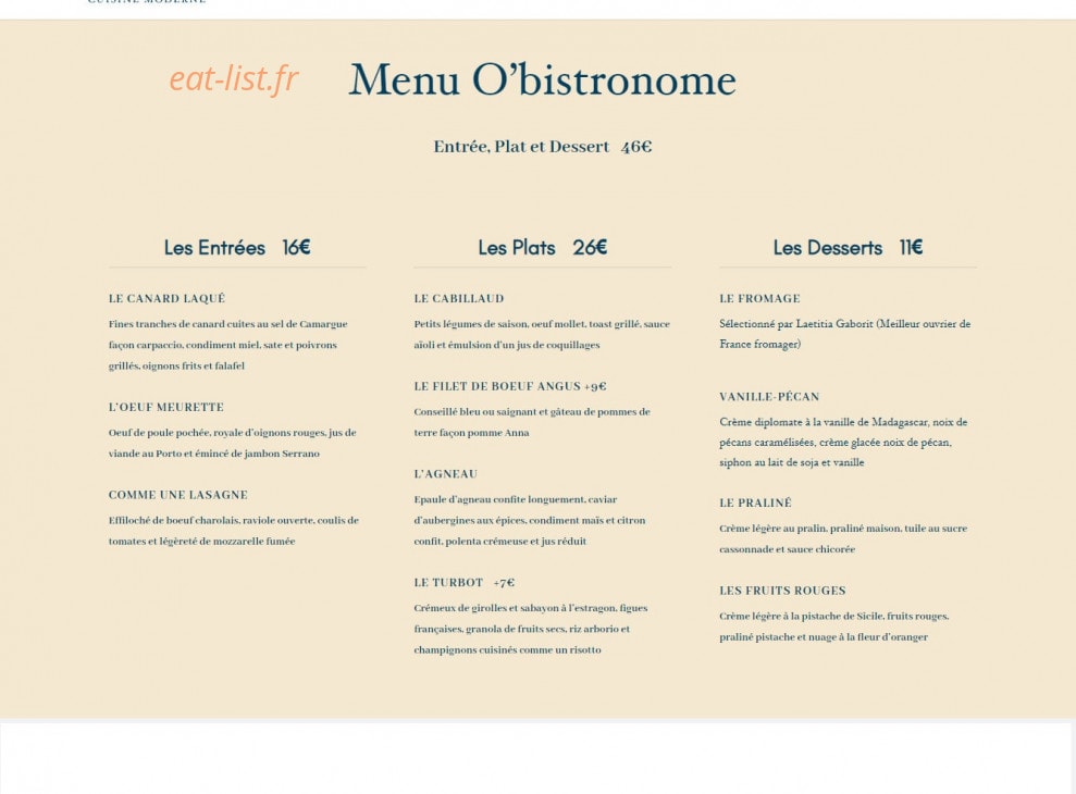 O'bistronome — carte page 1