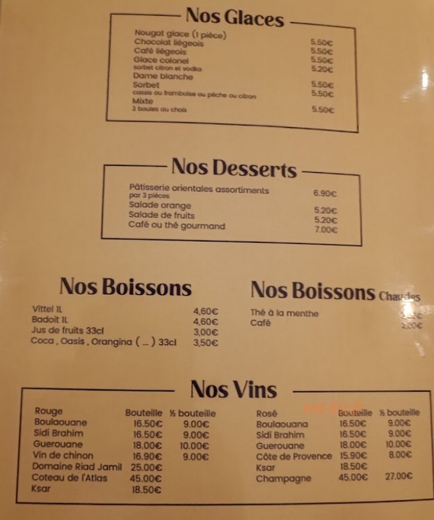 Carte et menu de L'auberge du Maroc à Rosny sur Seine — Les glaces, desserts et boissons, ...