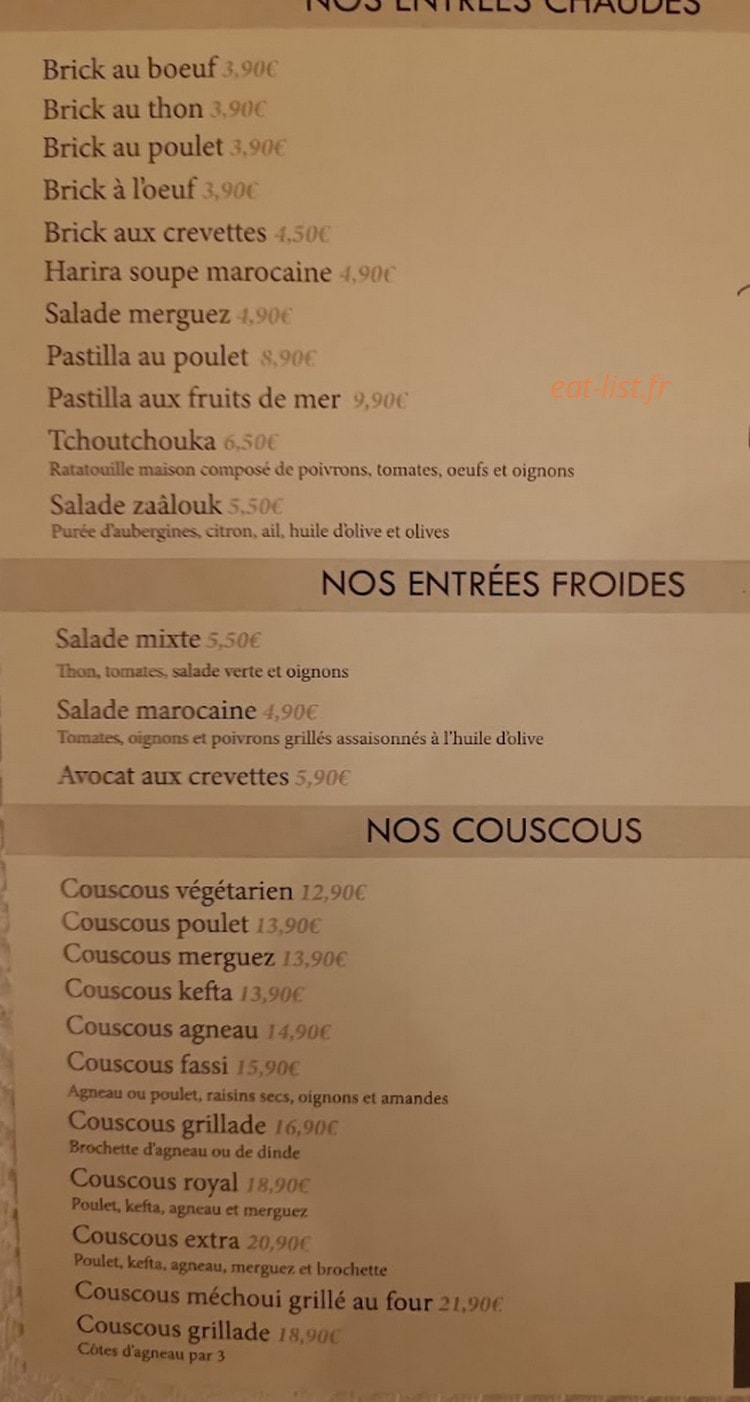 Carte et menu de L'auberge du Maroc à Rosny sur Seine — Les entrées et couscous
