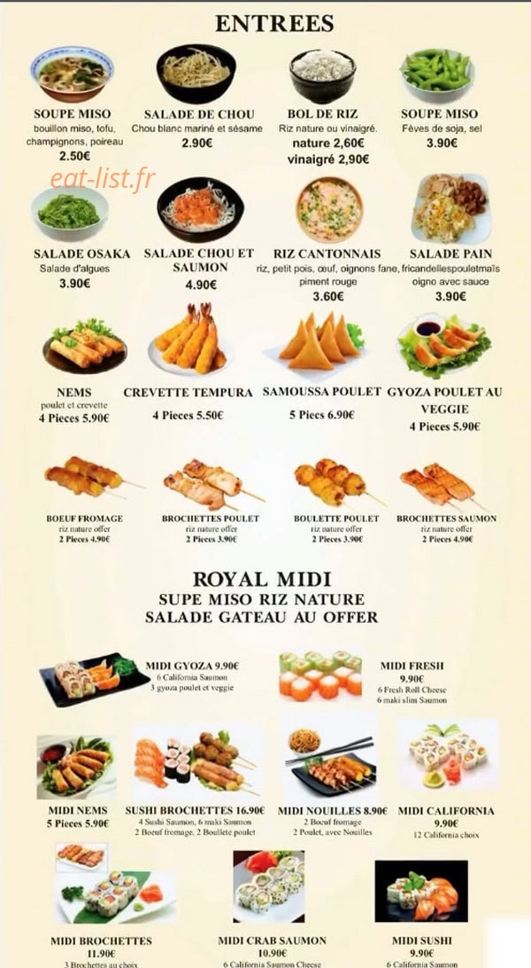 Carte et menu de Royal Sushi Japonnais à Rosny sur Seine — Entrées