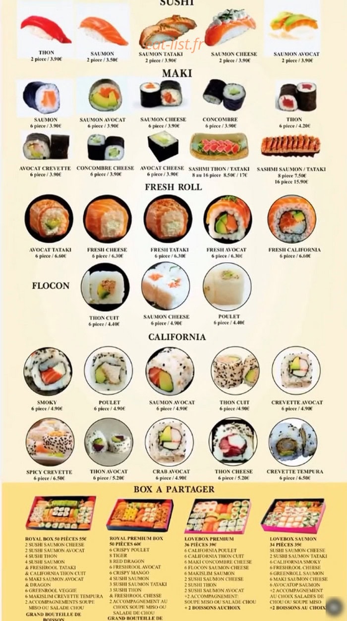 Carte et menu de Royal Sushi Japonnais à Rosny sur Seine — Maki, california...