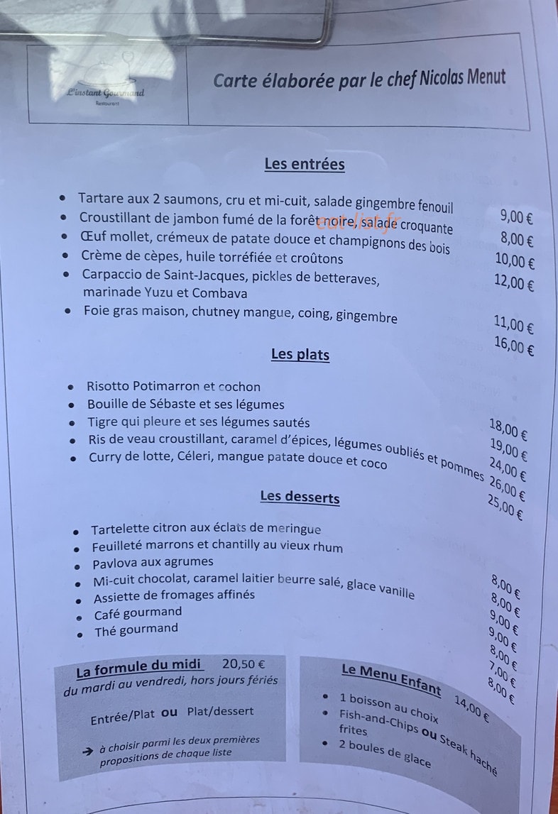 L'instant gourmand — carte page 1