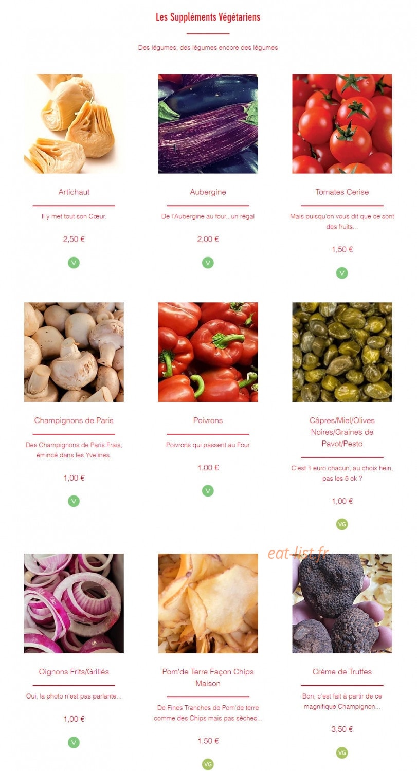 Carte et menu de Al Forno à Garancieres — Les suppléments végétariens