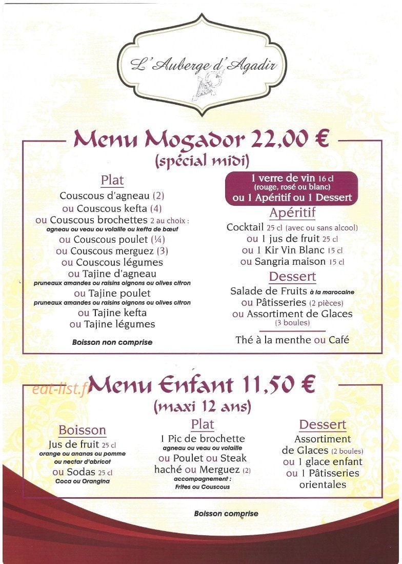Carte et menu de Auberge d'Agadir à Voisins le Bretonneux — Le menu mogador et enfant