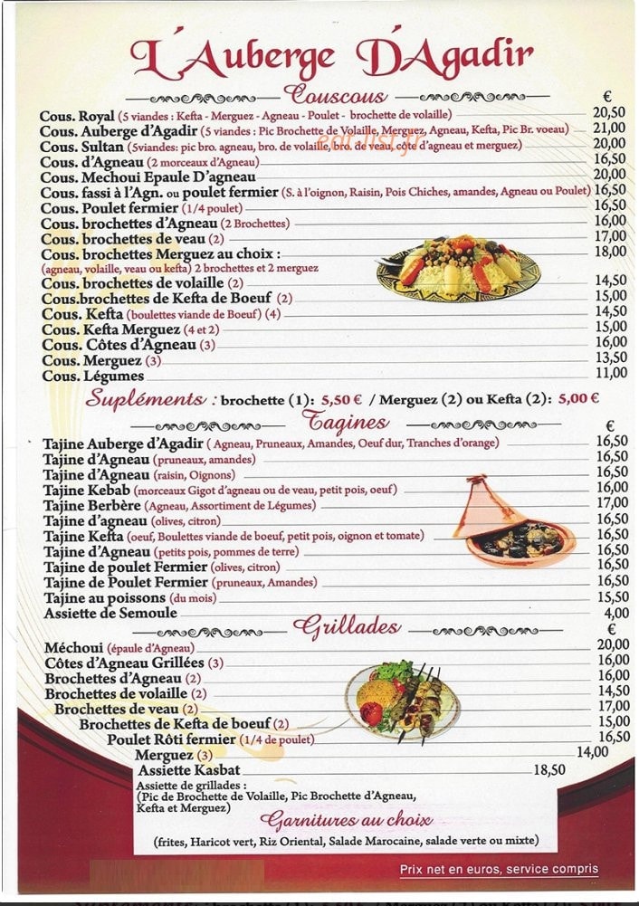 Carte et menu de Auberge d'Agadir à Voisins le Bretonneux — Les couscous, tajines...