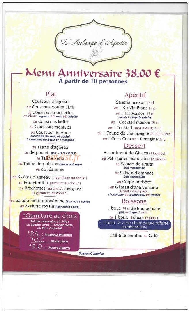 Carte et menu de Auberge d'Agadir à Voisins le Bretonneux — Le menu anniversaire