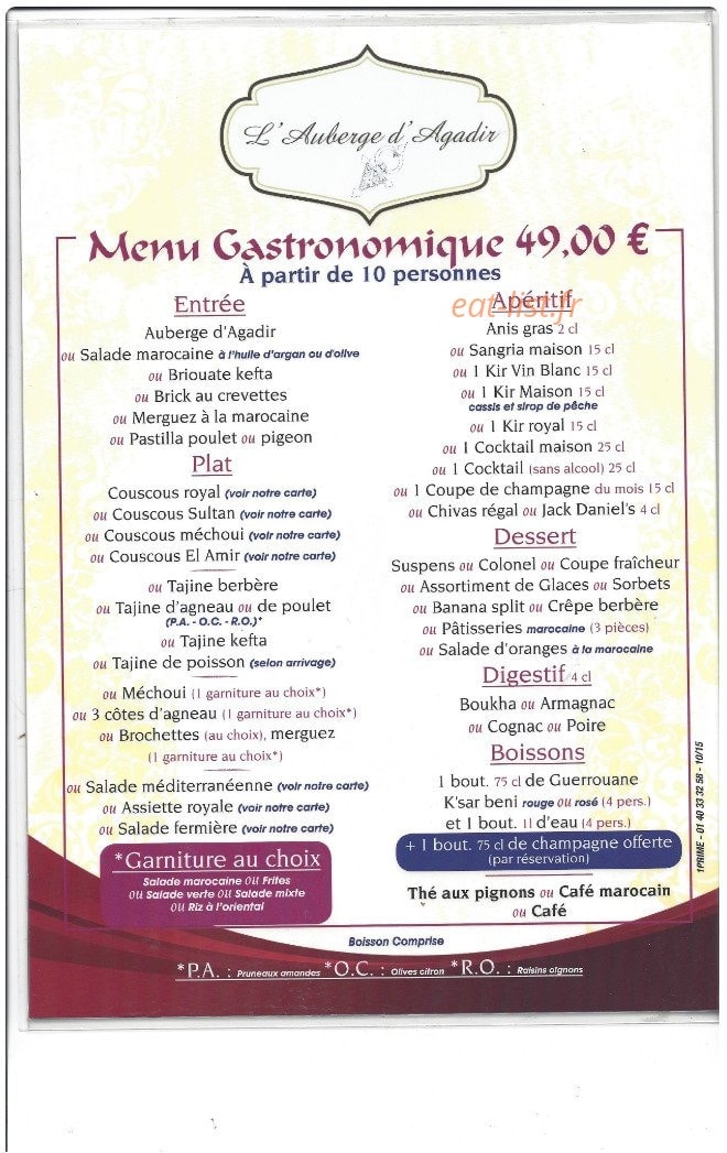Carte et menu de Auberge d'Agadir à Voisins le Bretonneux — Le menu gastronomique