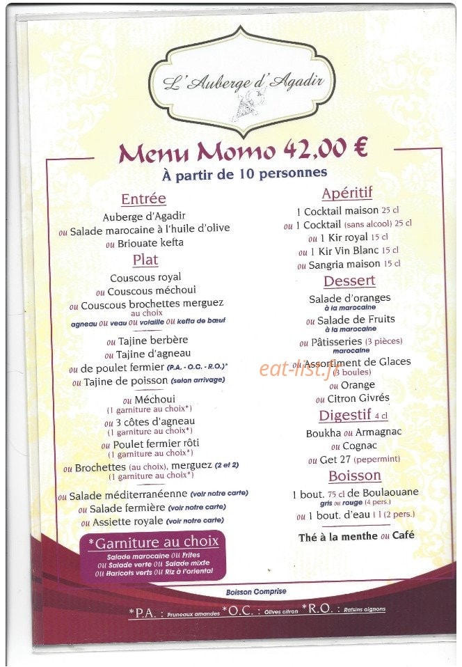 Carte et menu de Auberge d'Agadir à Voisins le Bretonneux — Le menu momo
