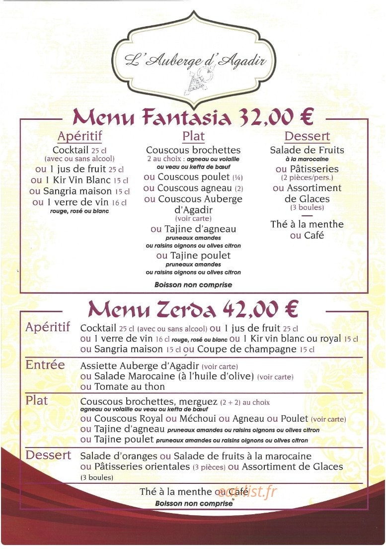 Carte et menu de Auberge d'Agadir à Voisins le Bretonneux — Le menu fantasia et zerda