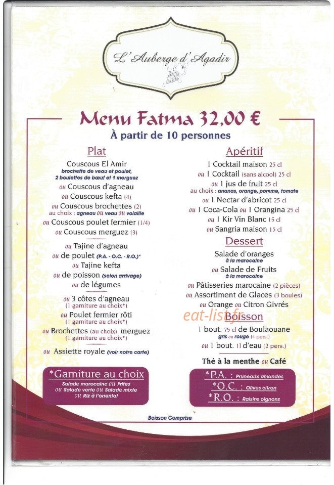 Carte et menu de Auberge d'Agadir à Voisins le Bretonneux — Le menu fatma