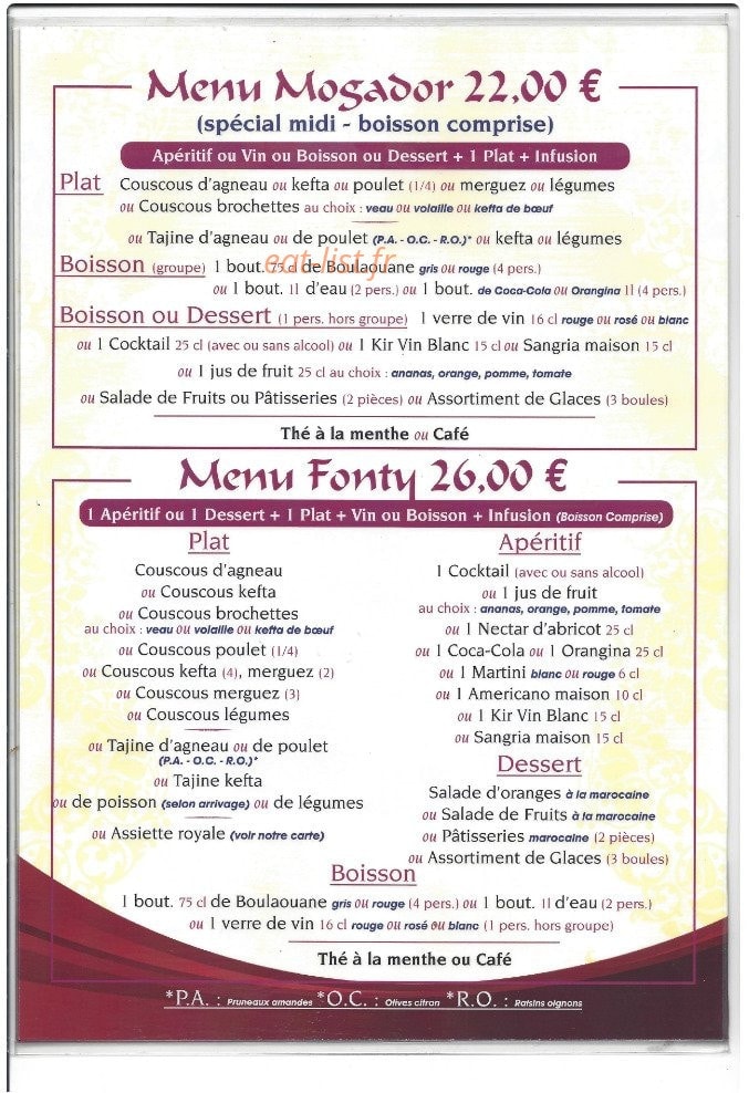 Carte et menu de Auberge d'Agadir à Voisins le Bretonneux — Le menu mogador et fonty