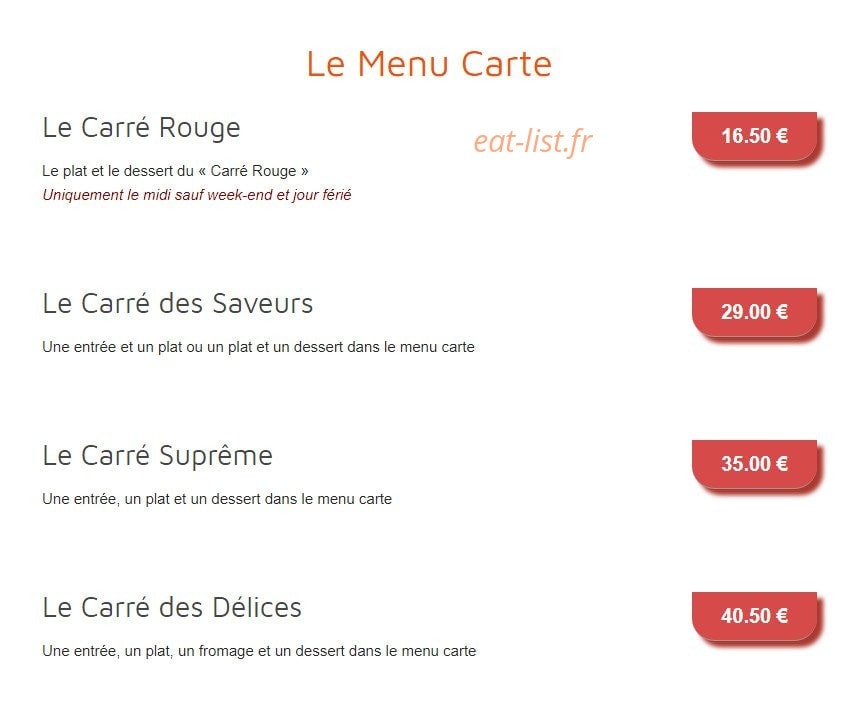 Carte et menu de Le Carré à Voisins le Bretonneux — Le menu carte