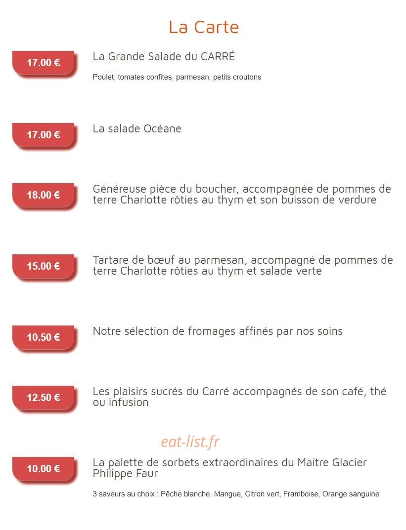 Carte et menu de Le Carré à Voisins le Bretonneux — La carte