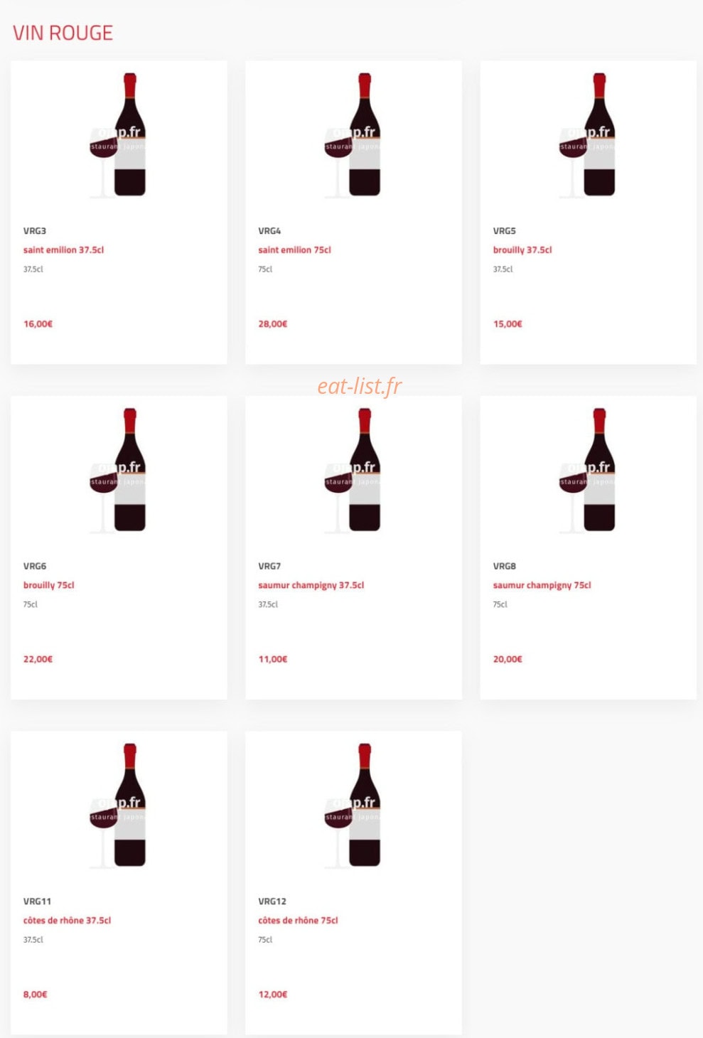 Carte et menu de O'jap à Voisins le Bretonneux — Les vins rouges