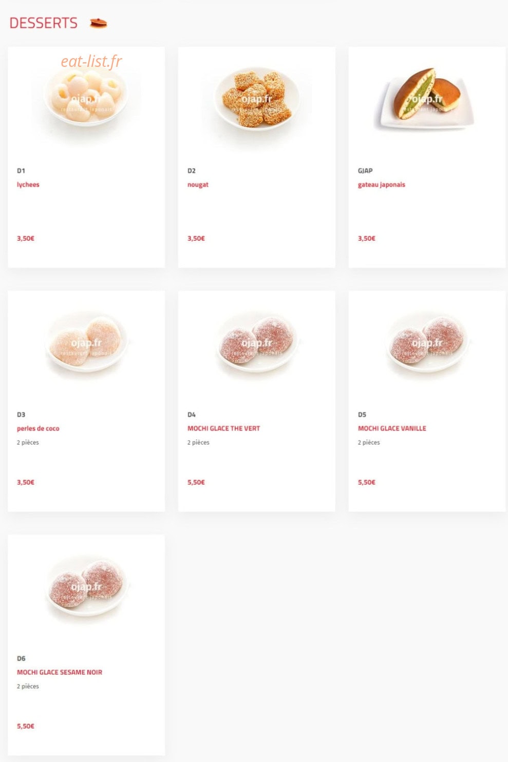 Carte et menu de O'jap à Voisins le Bretonneux — Les desserts