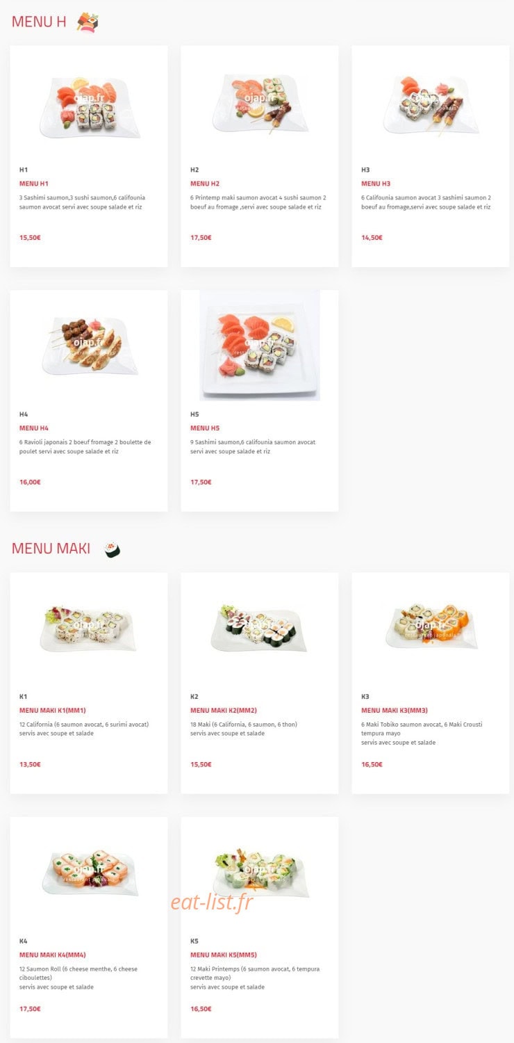 Carte et menu de O'jap à Voisins le Bretonneux — Menu h et menu maki