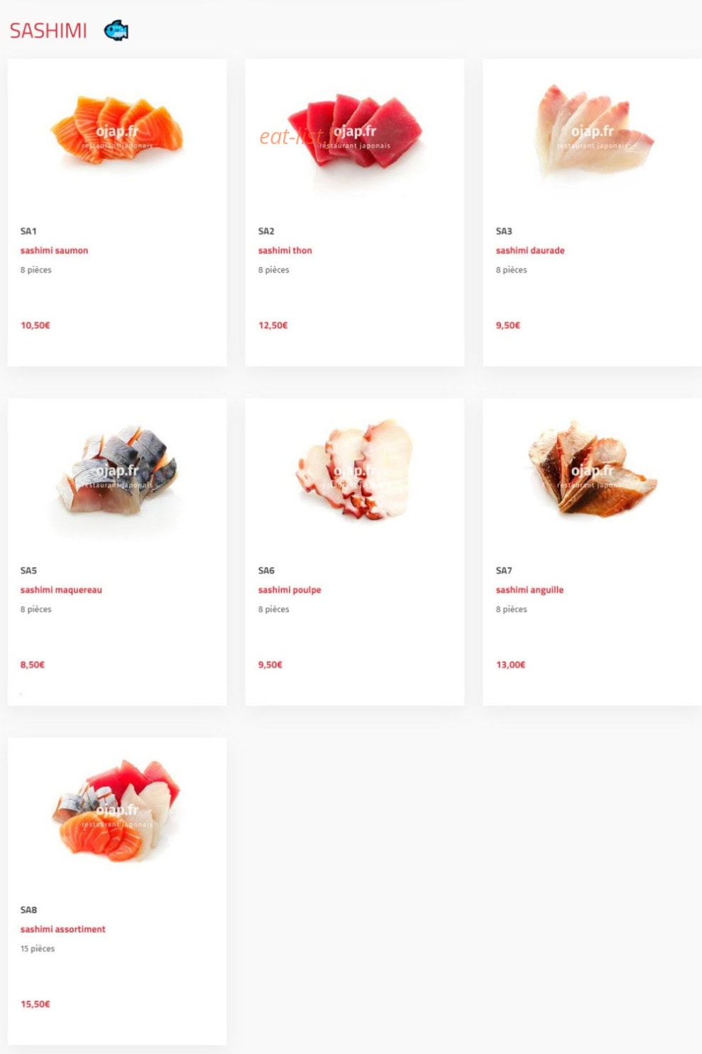 Carte et menu de O'jap à Voisins le Bretonneux — Sashimi
