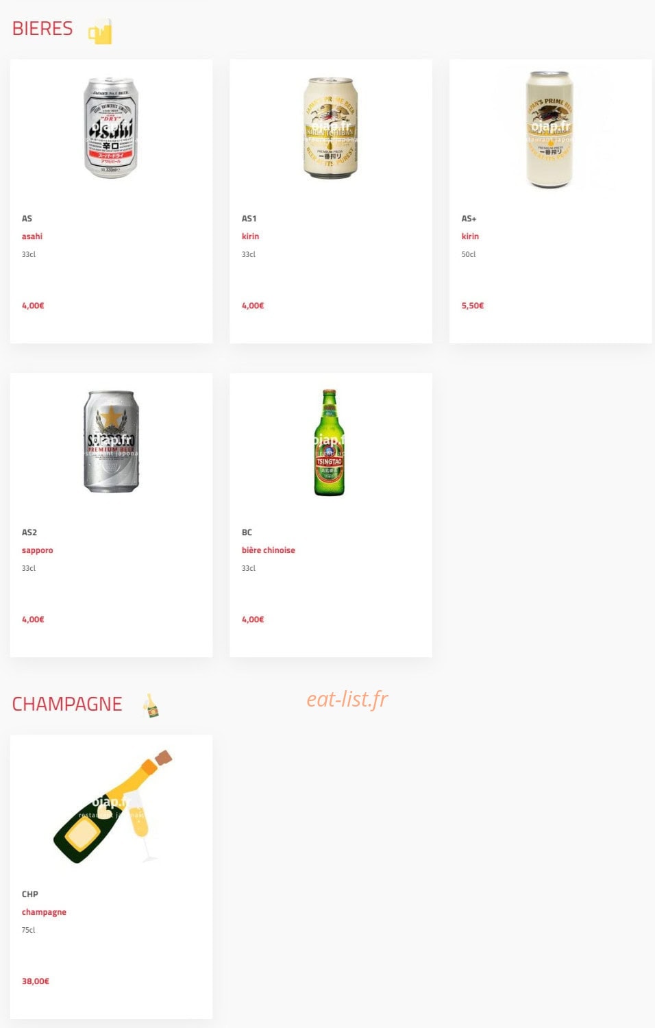 Carte et menu de O'jap à Voisins le Bretonneux — Les bières et champagnes