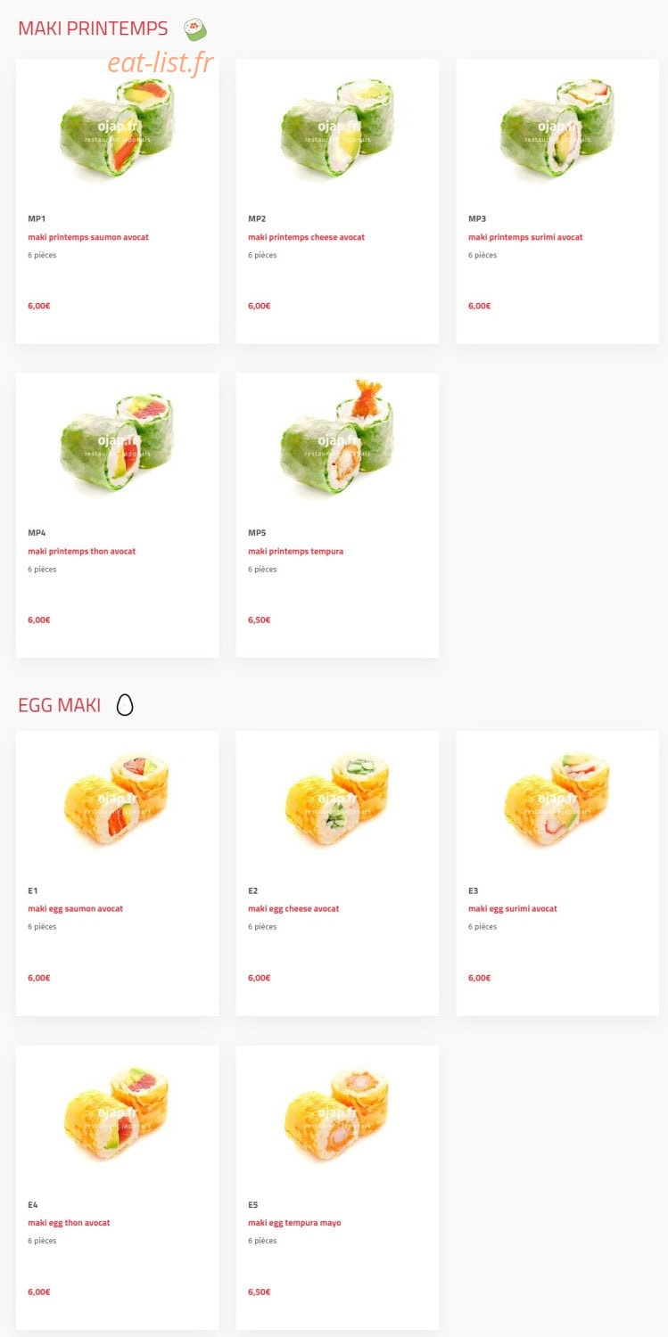 Carte et menu de O'jap à Voisins le Bretonneux — Maki printemps et egg maki