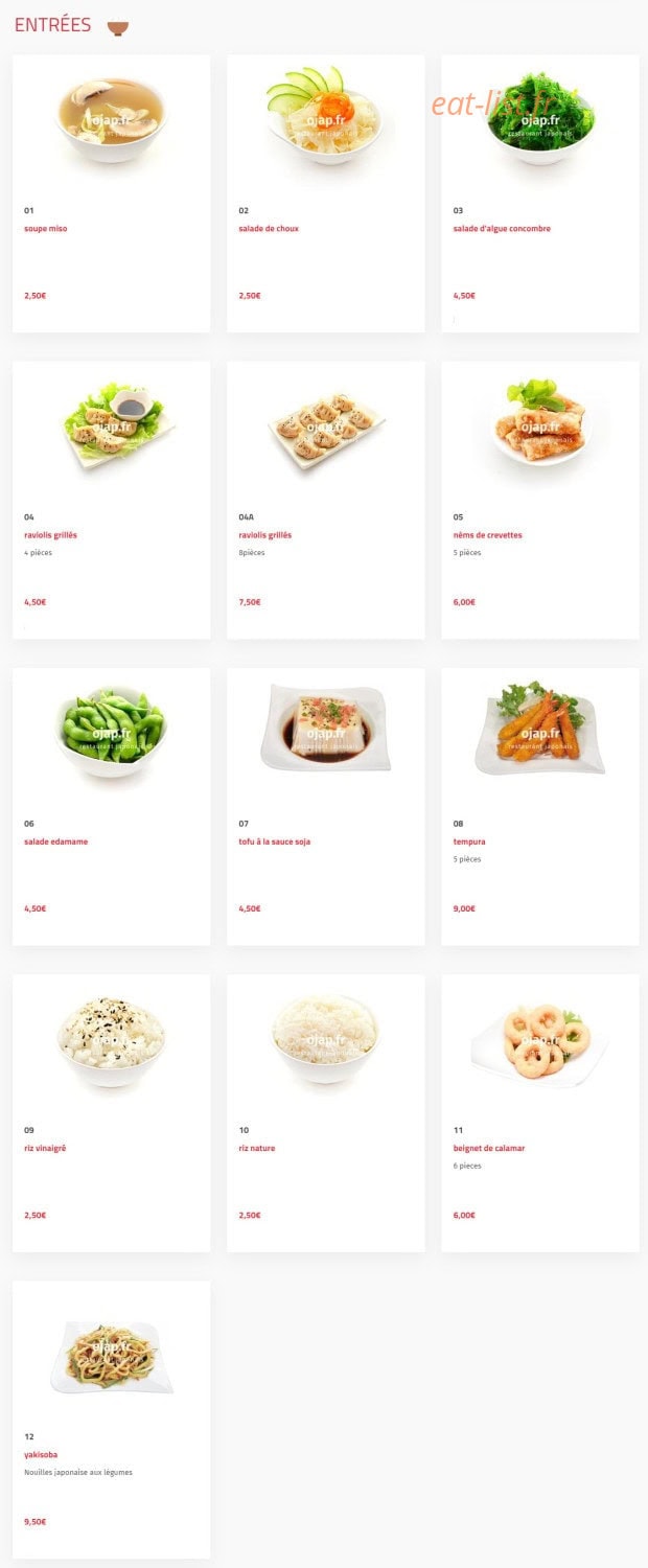 Carte et menu de O'jap à Voisins le Bretonneux — Les entrées
