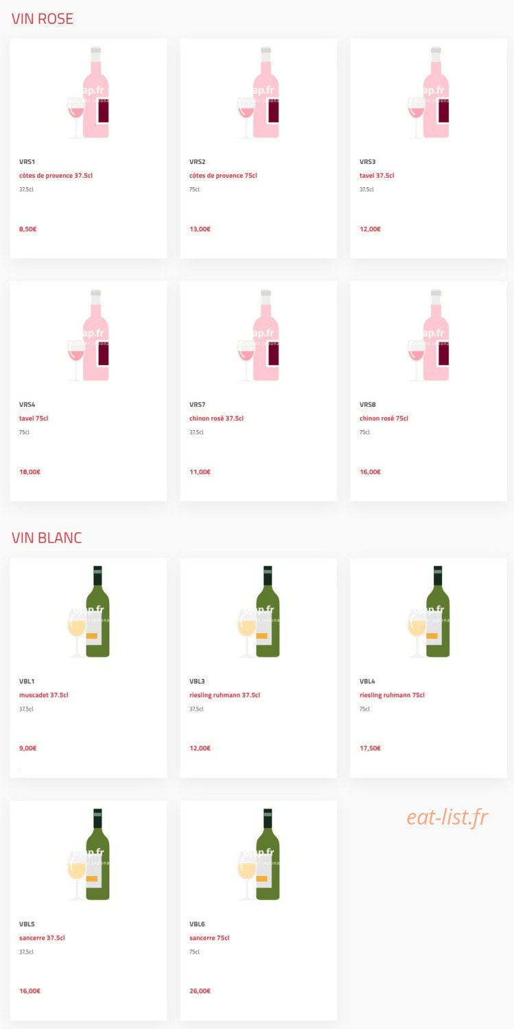 Carte et menu de O'jap à Voisins le Bretonneux — Les vins rosés et vins blancs
