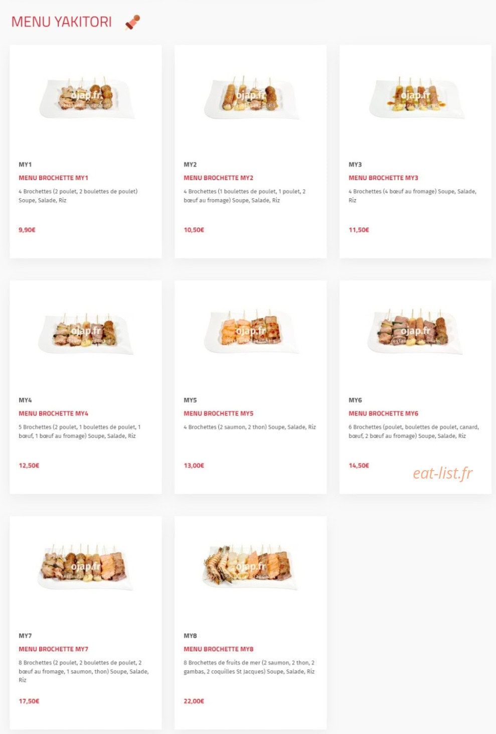Carte et menu de O'jap à Voisins le Bretonneux — Menu yakitori