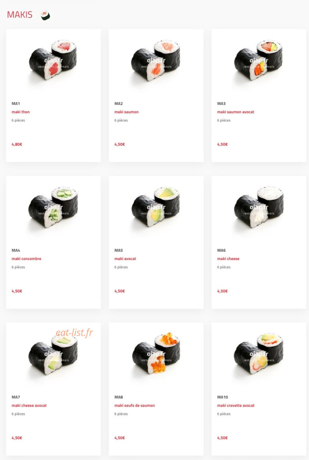 Carte et menu de O'jap à Voisins le Bretonneux — Makis